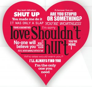 Red heart with message: 'Love shouldn't hurt'