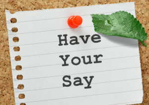 'Have your say' written on a piece of lined paper, pinned to a corkboard, with a green leaf next to it