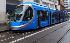 Modern blue tram