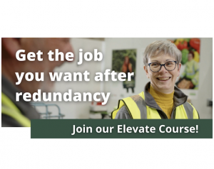 A photograph of a smiling older woman with the text 'Get the job you want after redundancy, join our Elevate course!