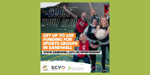 A photograph of a sports team cheering with the text: Boost your club, get up to £5K funding for sports groups
