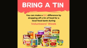 A poster with a yellow background, a picture of a pile of food tins and the heading Bring a Tin.