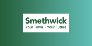 A banner on a green background saying 'Smethwick. Your town - Your future.